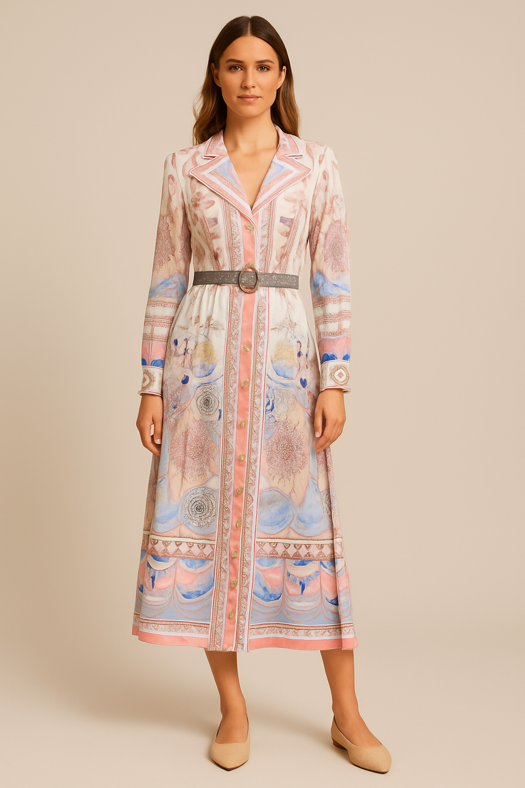 Fustan lino me print dekorativ dhe rrip