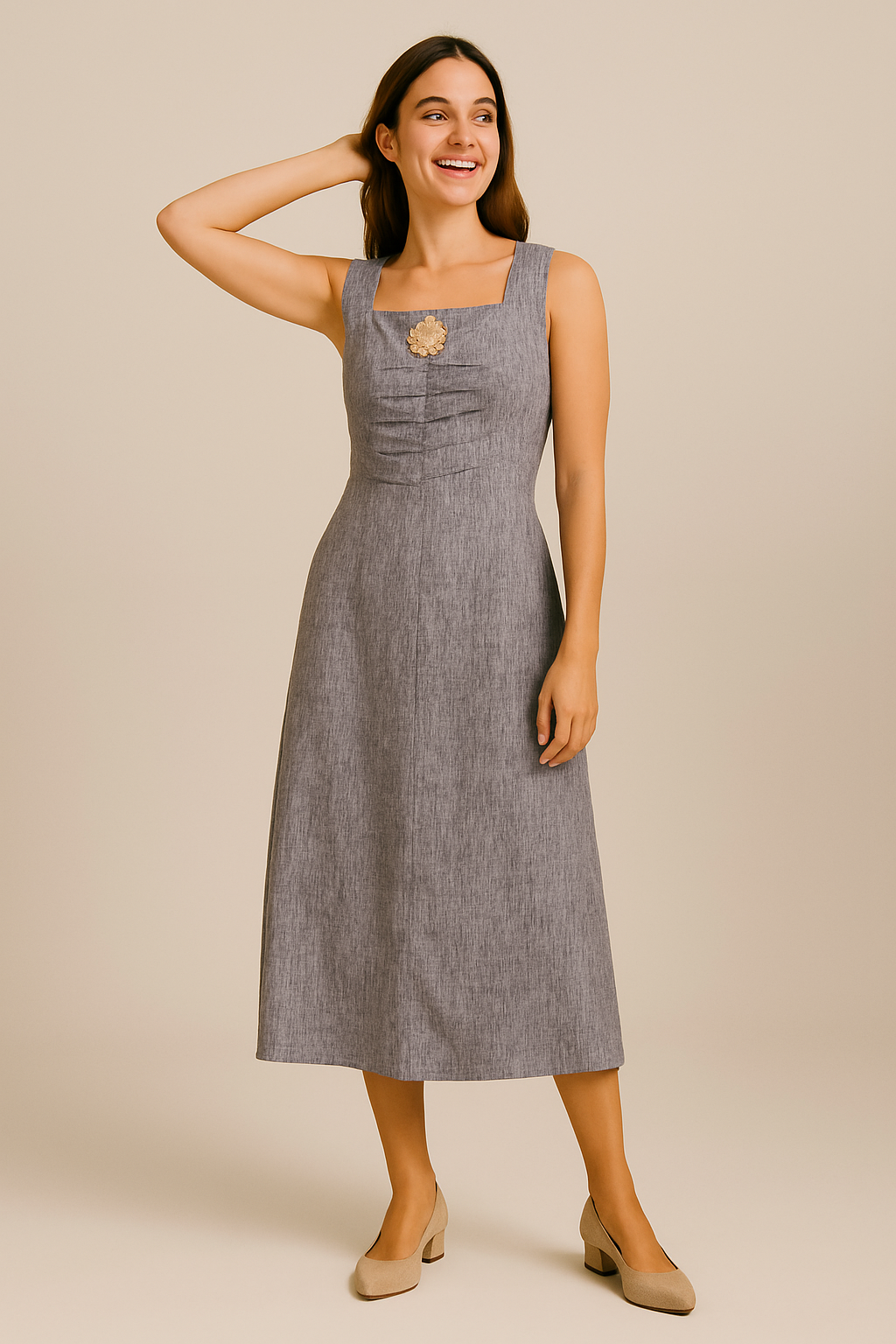 Fustan Gri Elegant me Detaj Dekorativ