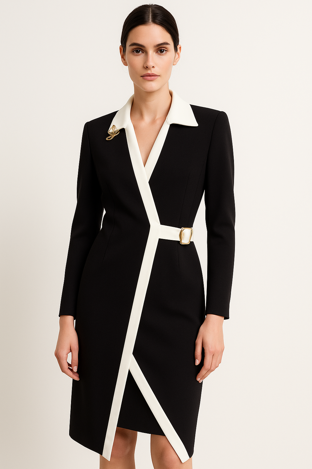 Fustan elegant i zi me jakë të bardhë dhe rrip dekorativ