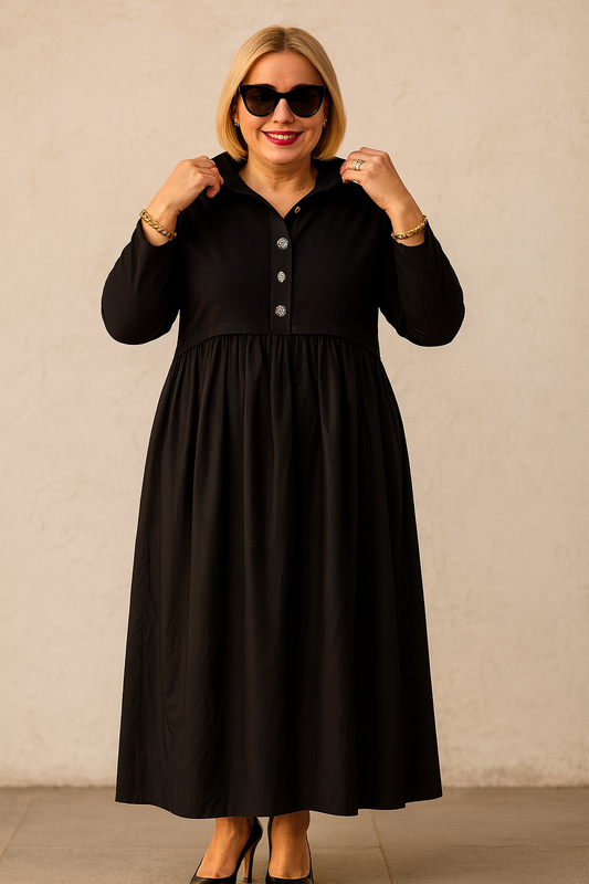 Fustan i zi klasik me kopsa dekorative