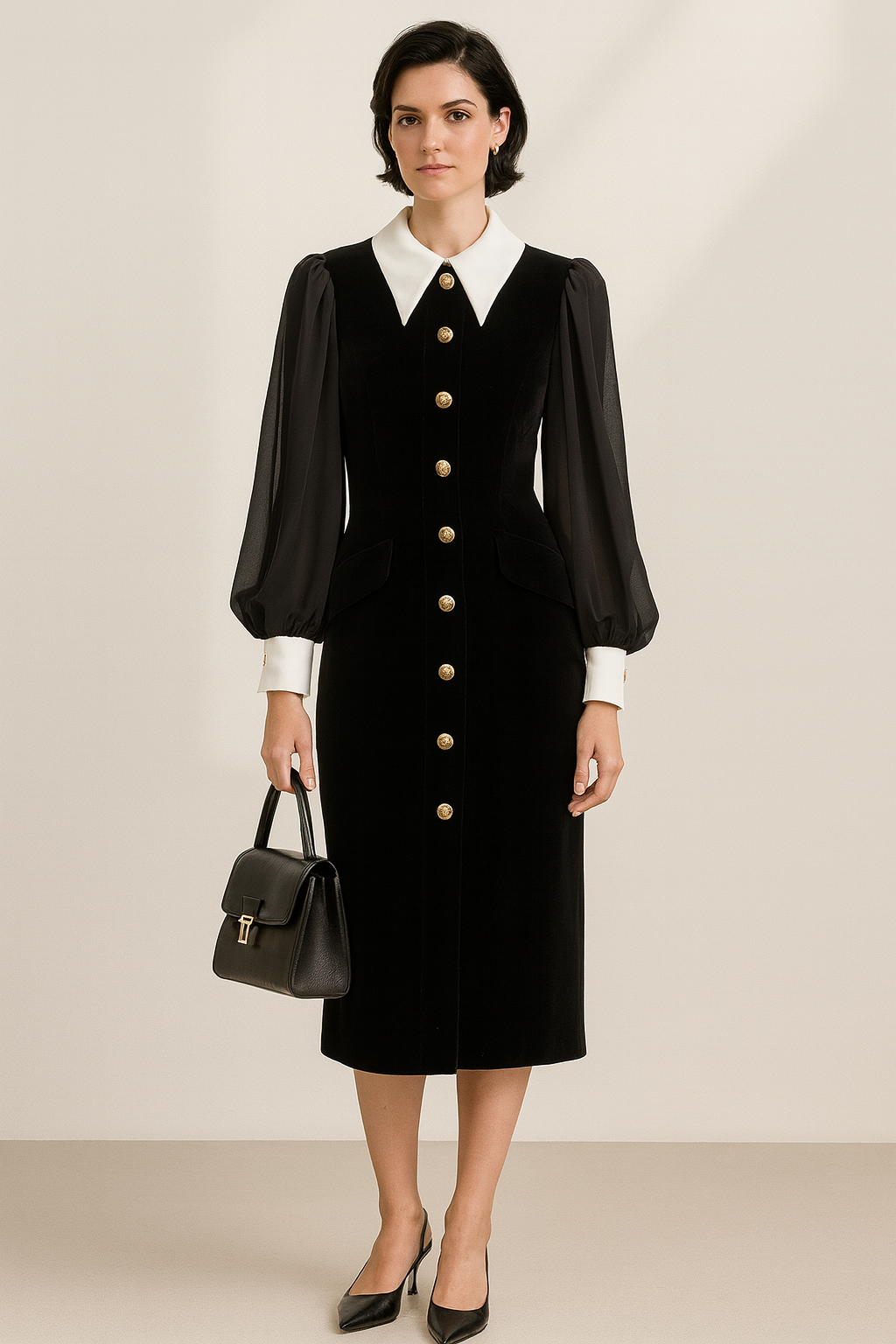 Fustan i zi me jakë të bardhë dhe kopsa ari