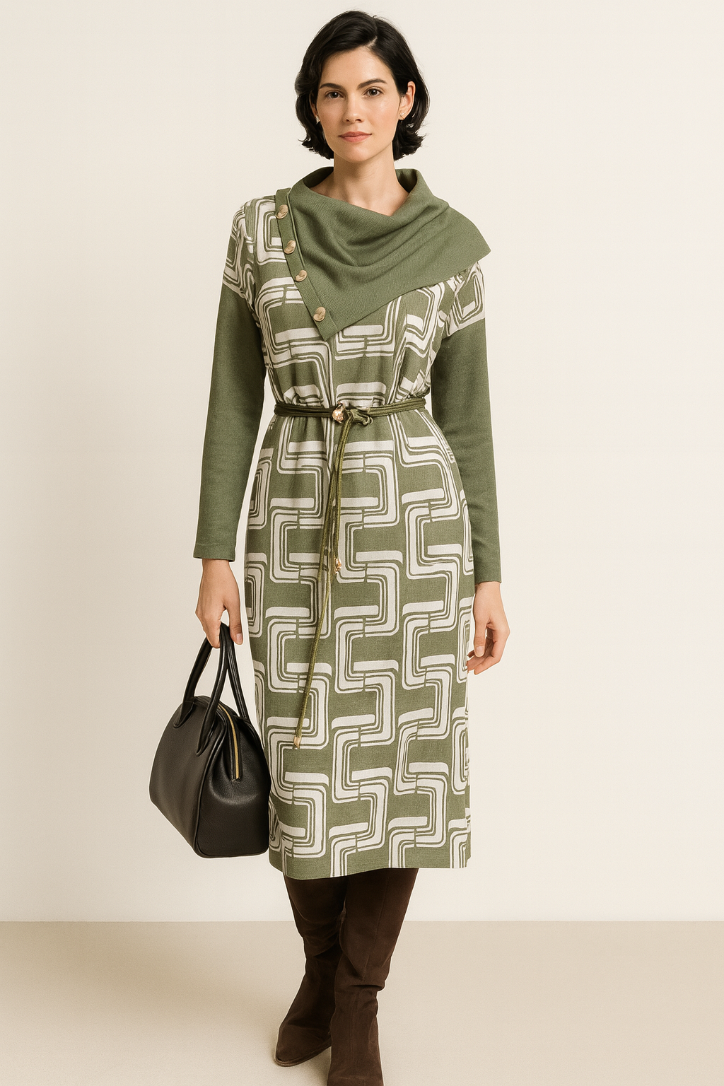 Fustan me motive gjeometrike dhe jakë të gjerë